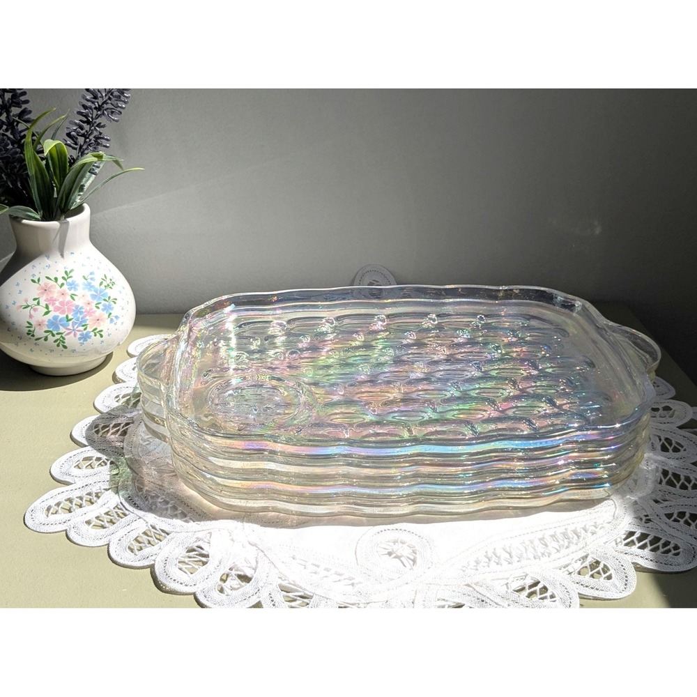 Set of 4 Iridescent Glass Snack Trays with Cup Holder, Vintage Luncheon Plates